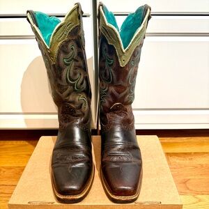 Justin Women’s Silver Collection Brown & Turquoise Western Cowboy Boots Size 8